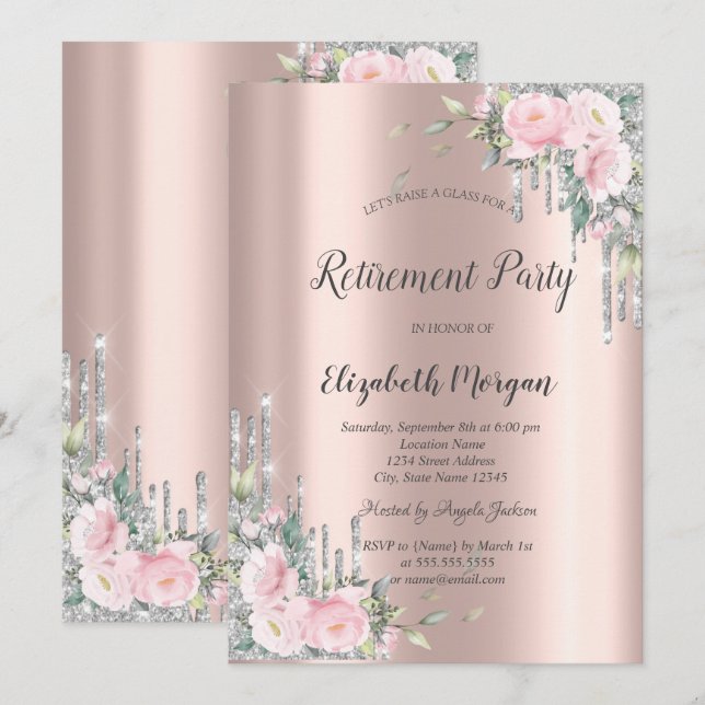 Invitation Roses, Parties scintillant d'argent  Rose Gold Ret (Devant / Derrière)