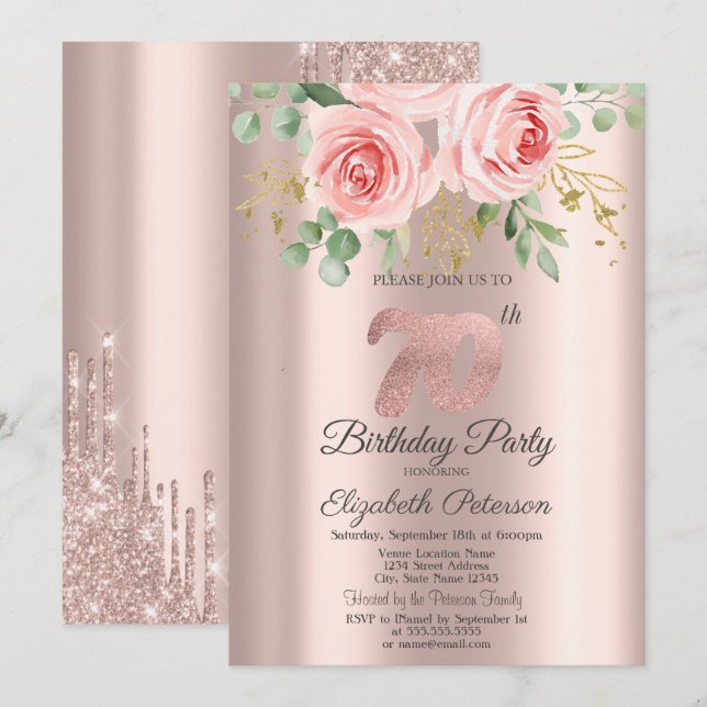 Invitation Roses, Parties scintillant Rose Gold 70e anniversa (Devant / Derrière)
