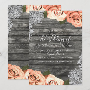 Invitation Roses pêche clair mariage rustique gris blanc dent