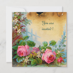 Invitation ROSES PINK & JASMINS parchemin rose vert