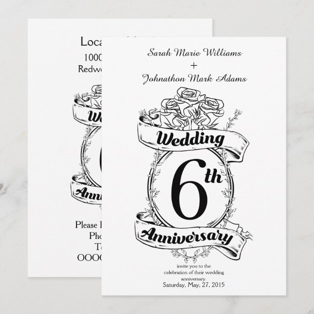 Invitation Roses pour le 6ème anniversaire de mariage (Devant / Derrière)