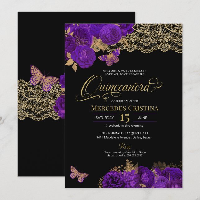 Invitation Roses pourpres et papillon de dentelle Quinceañera (Devant / Derrière)