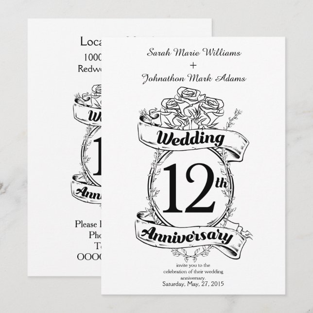 Invitation Roses Romantiques 12ème douzième anniversaire de m (Devant / Derrière)