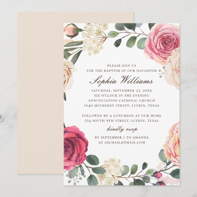 Invitation Roses rose aquarelle. Baptême du jardin floral (Devant / Derrière)