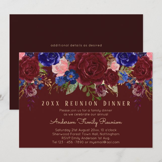 Invitation Roses rose Bleu Bourgogne Famille Florale Réunion (Devant / Derrière)