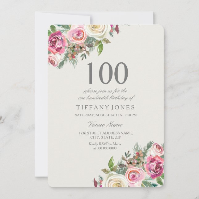 Invitation Roses rose et blanc Floral 100e anniversaire Invit (Devant)