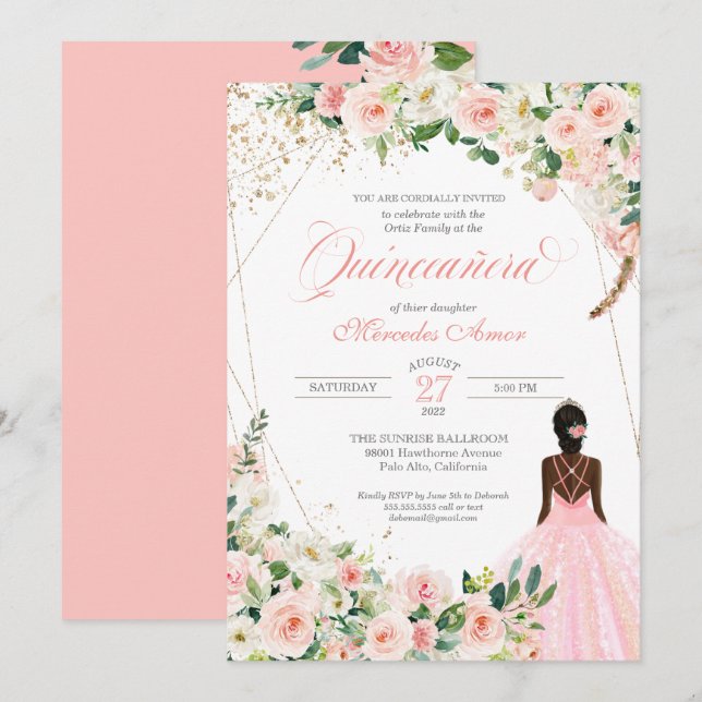Invitation Roses rose pâle Floral Afrolatina Quinceanera (Devant / Derrière)