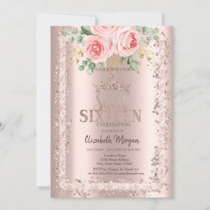 Invitation Roses, Rose Parties scintillant or Cadre Couronne
