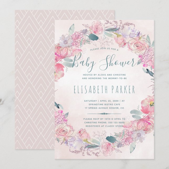 Invitation Roses rose vif wreath chic baby shower romantique (Devant / Derrière)