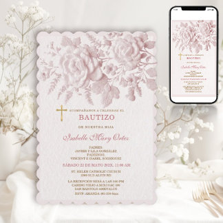 Invitation Roses roses baptême fille Croix en relief faux