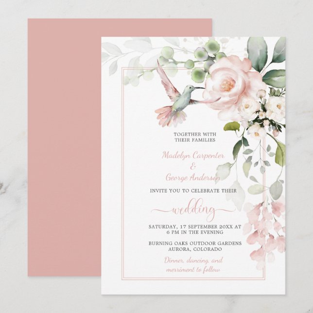 Invitation Roses roses blanches, colibri et verdure des arôme (Devant / Derrière)