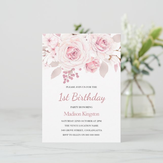 Invitation Roses Roses Blush Élégantes Filles 1er anniversair (Debout devant)