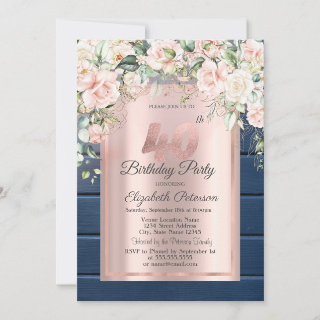 Invitation Roses roses, Bois Bleu Rose Or 40e anniversaire (Devant)