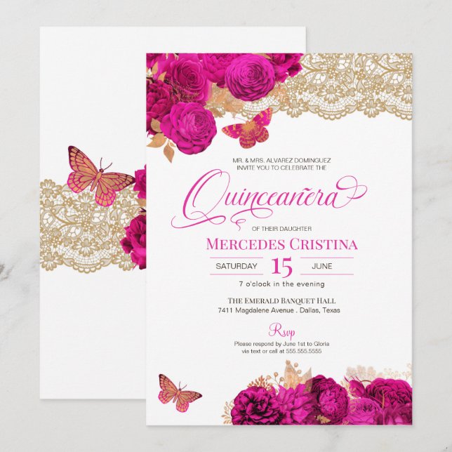 Invitation Roses roses chauds et papillon de dentelle Quincea (Devant / Derrière)