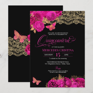 Invitation Roses roses chauds et papillon de dentelle Quincea
