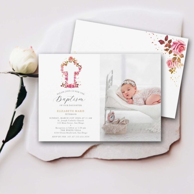 Invitation Roses roses Croix blanche Bébé Baptême Photo Baptê (pink roses gold glitter white cross baby girl baptism christening invitation photo elegant modern )