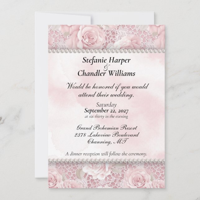 Invitation Roses roses, dentelle et perles Mariage (Devant)