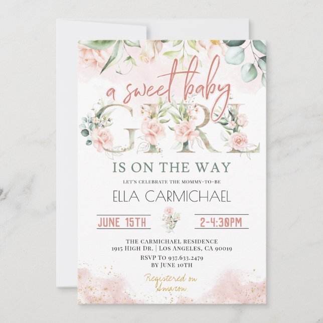 Invitation Roses roses douces Baby Girl Baby shower Invitatio (Devant)