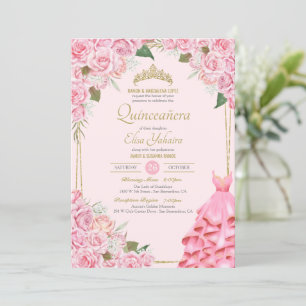 Invitation Roses roses douces Blush et or Floral Quinceañera