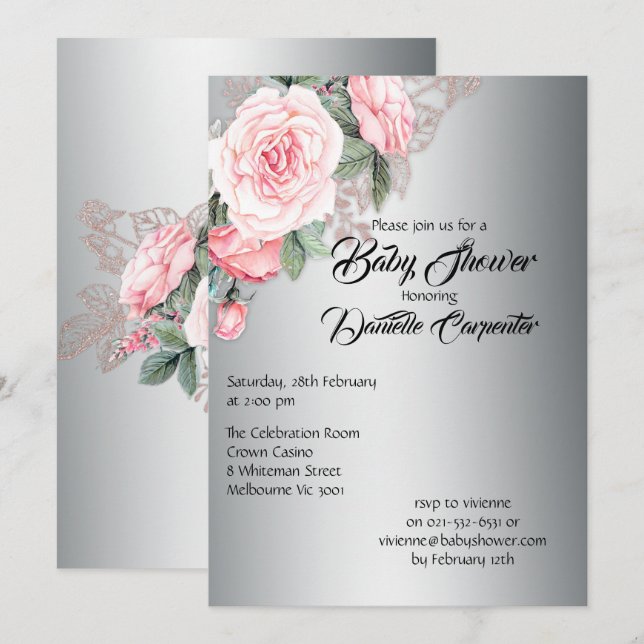 Invitation Roses roses élégantes sur Baby shower argenté (Devant / Derrière)