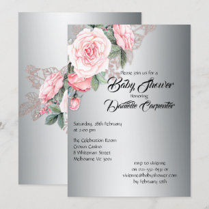 Invitation Roses roses élégantes sur Baby shower argenté