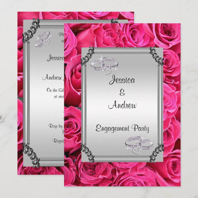 Invitation Roses roses et anneaux Mariages de diamant Fiançai (Devant / Derrière)