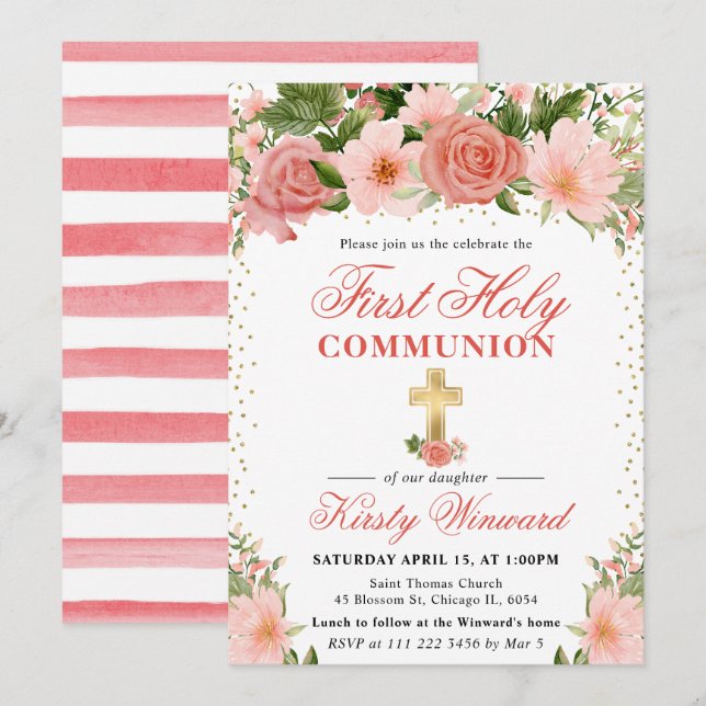 Invitation Roses roses et fleurs roses Première Communion sai (Devant / Derrière)