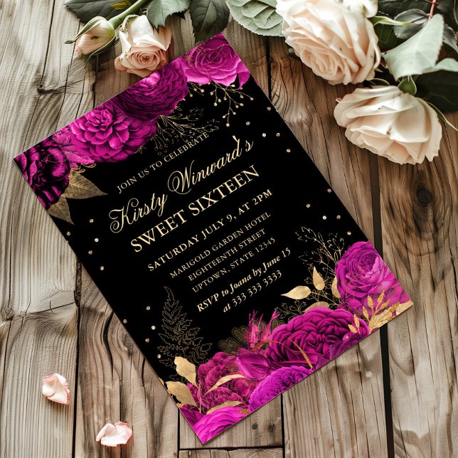 Invitation Roses roses et or chaud Sweet sixteen Floral  (Créateur téléchargé)