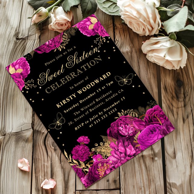 Invitation Roses roses et or chaud Sweet sixteen Floral  (Créateur téléchargé)