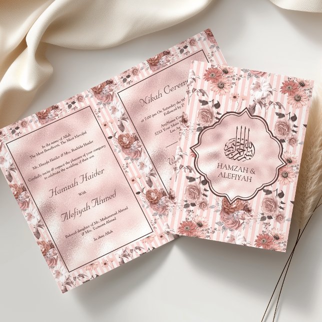 Invitation Roses roses et rayures roses et Mariage musulman f (Créateur téléchargé)