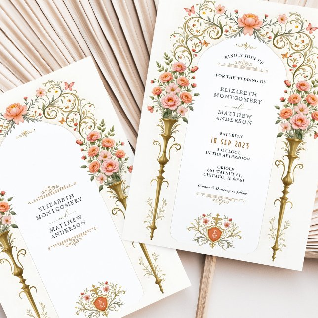 Invitation Roses roses et Urnes d'or Mariage victorien (Créateur téléchargé)