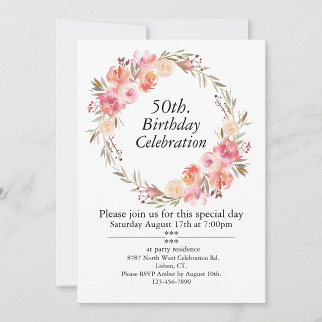 Invitation Roses roses et verdure, 50e anniversaire personnal (Devant)
