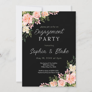 Invitation Roses roses et verdure   Black Engagement Party