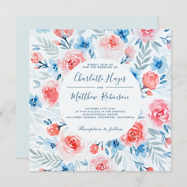 Invitation Roses roses florales Fleurs bleues Mariage d'aquar (Devant / Derrière)