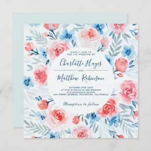 Invitation Roses roses florales Fleurs bleues Mariage d'aquar