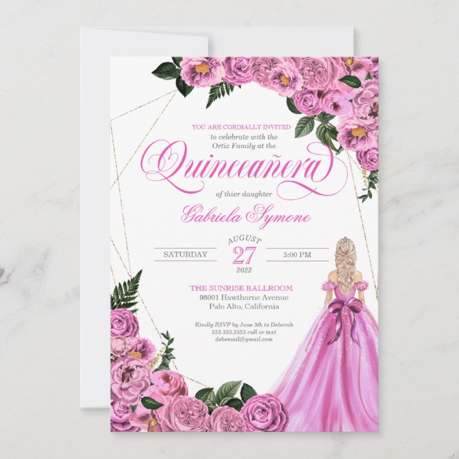 Invitation Roses roses | Golden Tiara & Ball Gown Quinceañera (Devant)