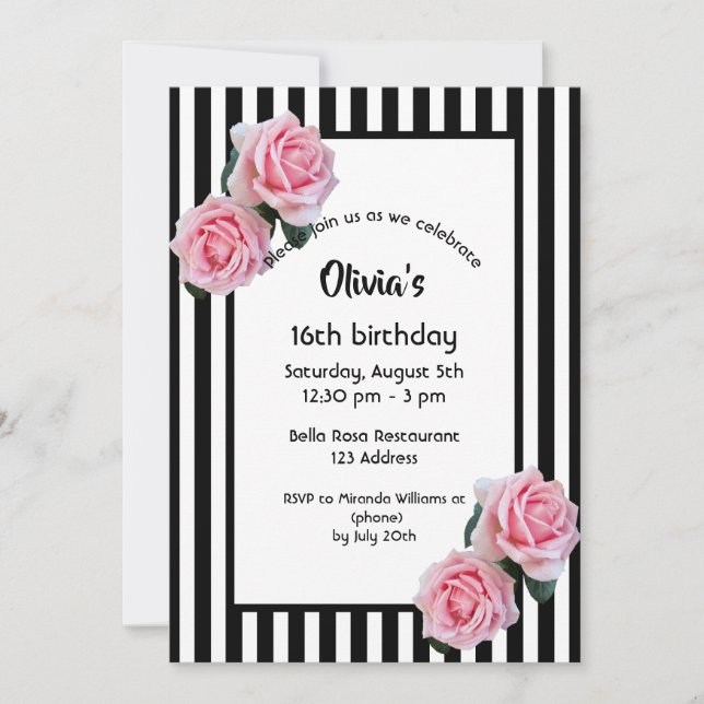 Invitation Roses roses noires rayures blanches Douces 16 (Devant)