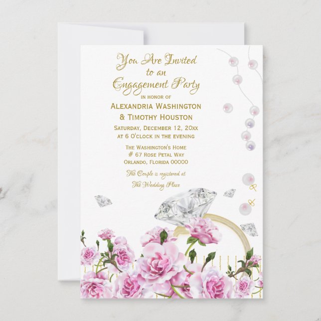 Invitation Roses roses Perles Diamond Ring Couples Fiançaille (Devant)