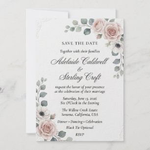 Invitation Roses roses poussiéreuses, Anémones blanches, Euca