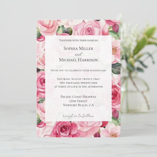 Invitation Roses roses romantiques Mariage floral (Debout devant)