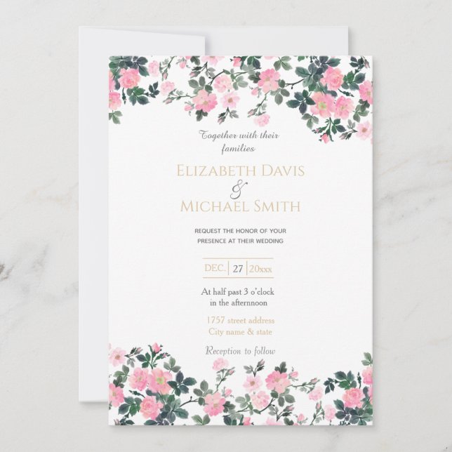 Invitation Roses roses romantiques rose aquarelle florale Pei (Devant)