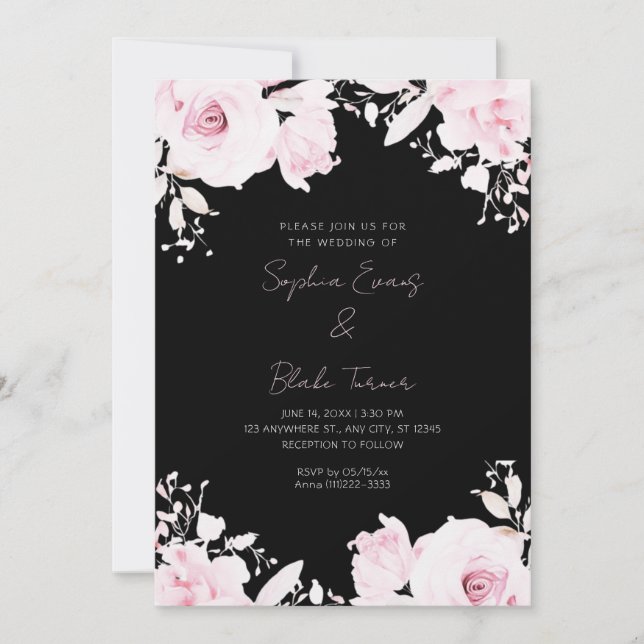 Invitation Roses roses romantiques rose Mariage noir d'été (Devant)