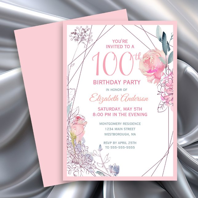 Invitation Roses roses rose Aquarelle Florale 100e fête d'ann (Blush Pink Rose Watercolor Floral Birthday Party Invitation)