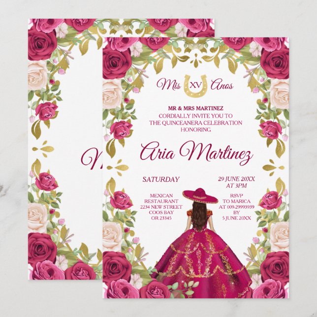 Invitation Roses roses rose fille mexicaine 15e anniversaire  (Devant / Derrière)