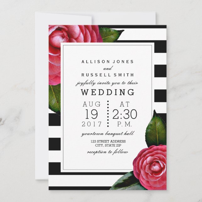 Invitation Roses roses rose Floral Noir + Blanc Mariage en ba (Devant)