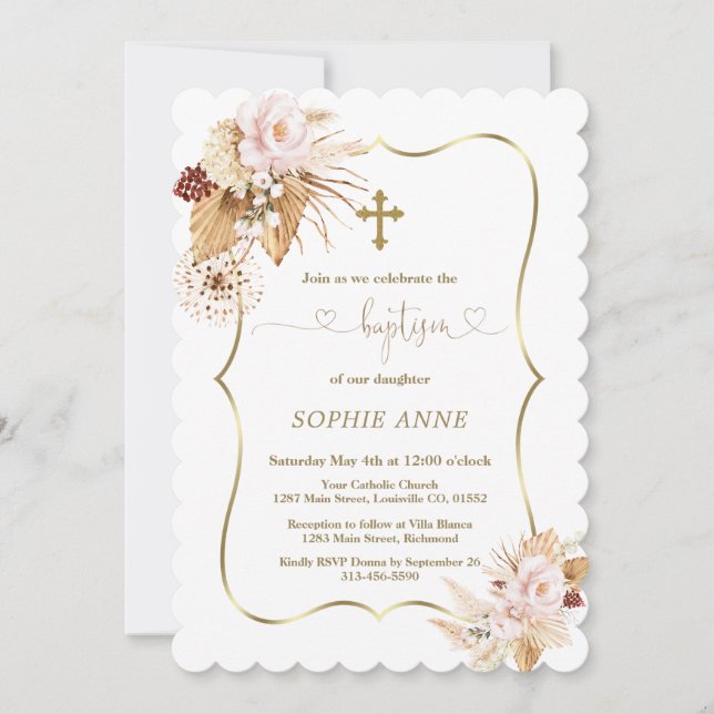 Invitation Roses roses rose Pampas Grass Palm Gold Girl Baptê (Devant)