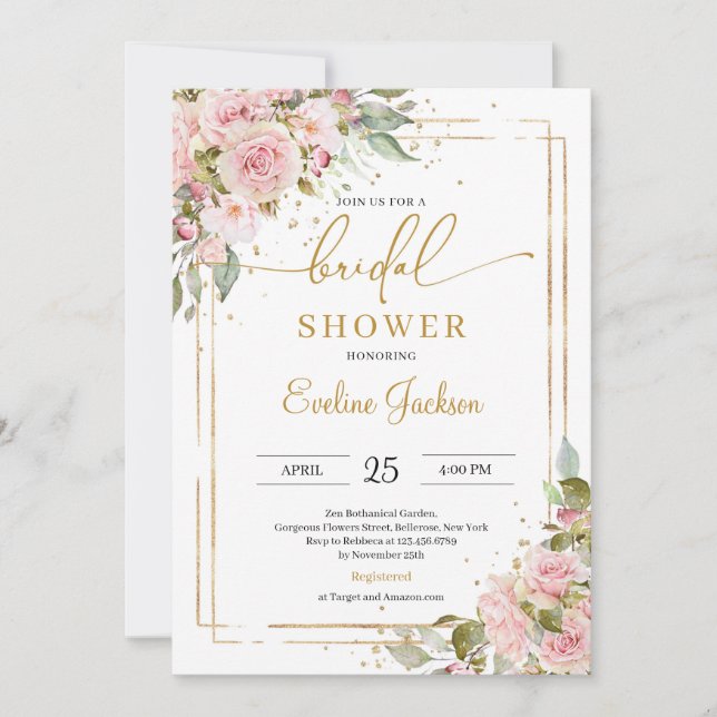 Invitation Roses roses rose poussiéreuses fleurs blush or géo (Devant)