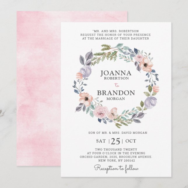 Invitation Roses roses rose poussiéreuses Mariage floral mi-é (Devant / Derrière)