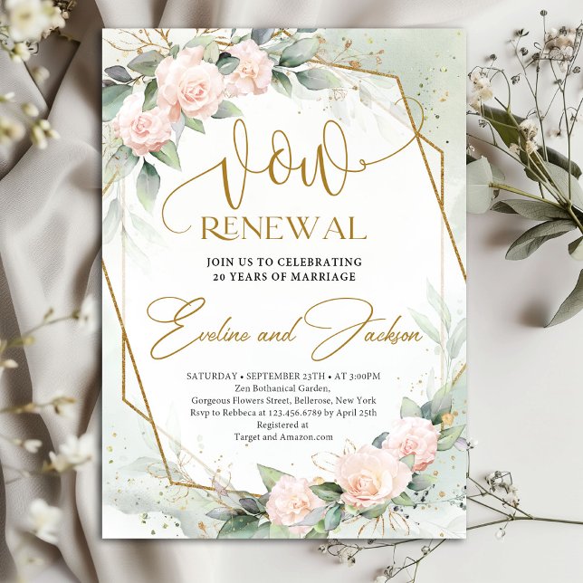 Invitation Roses roses rose vif et verdure renouveau vow (Elegant pale pink delicate roses vow renewal invitation digital)