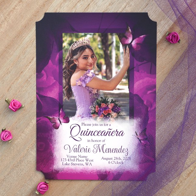 Invitation Roses Roses Rose Violet Élégantes, Papillons Quinc (Elegant Violet Pink Butterflies Quinceanera Invitations with Photo)